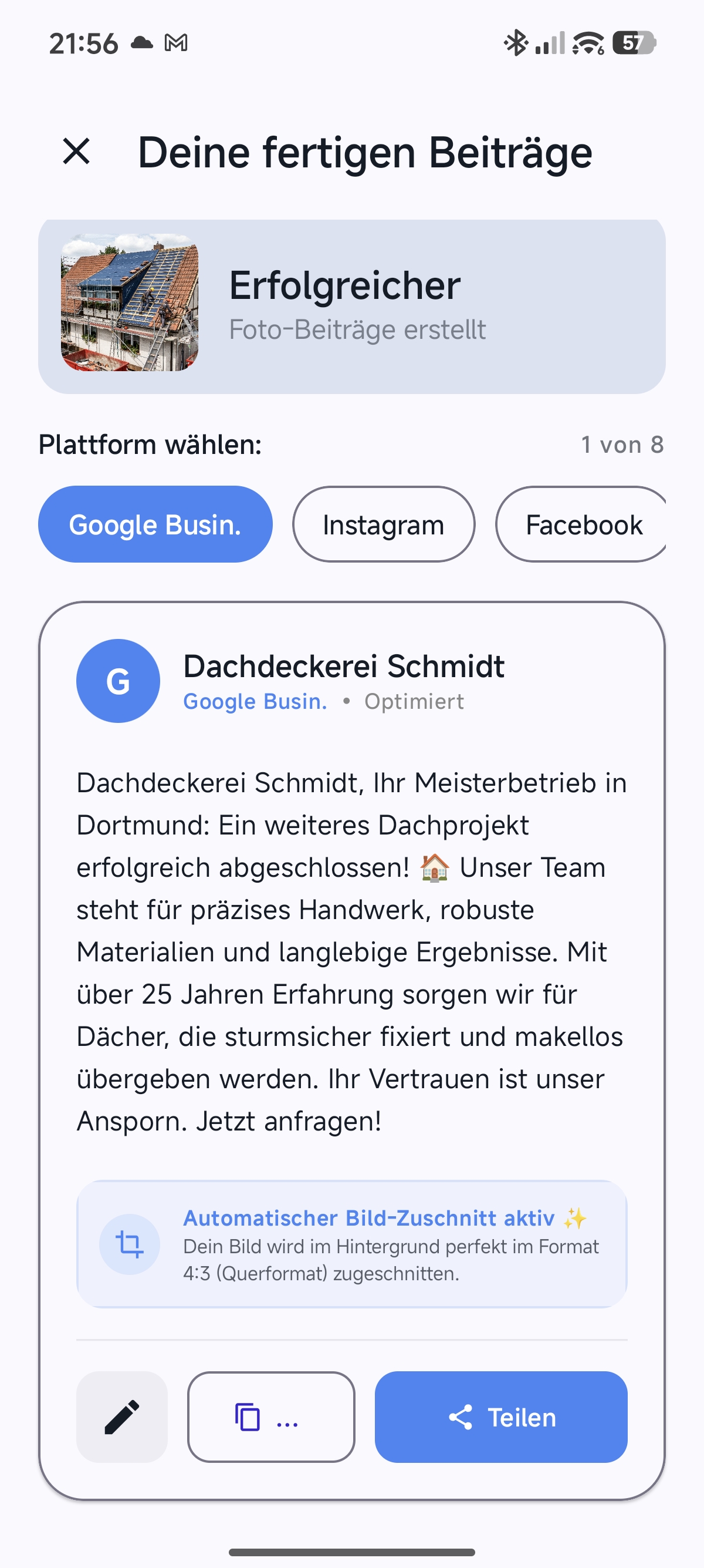 Beispiel aus der LokalAgent Android-App: erstellten Beitrag für Google Business prüfen, bearbeiten und teilen
