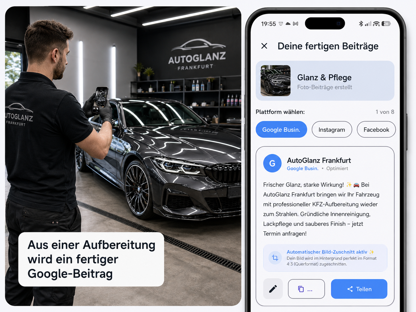 AutoGlanz Frankfurt Beispiel mit Fahrzeugaufbereitung und fertigem LokalAgent Beitrag