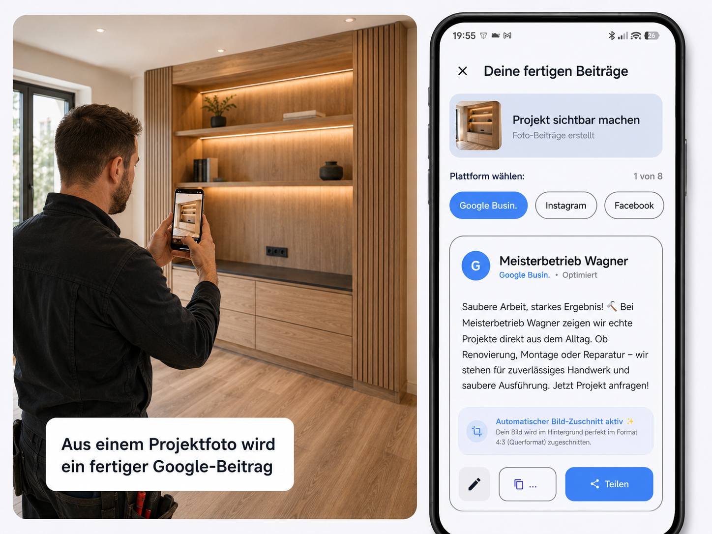 Schreinerei Beispiel mit fertigem Holzprojekt und LokalAgent Google-Business-Beitrag