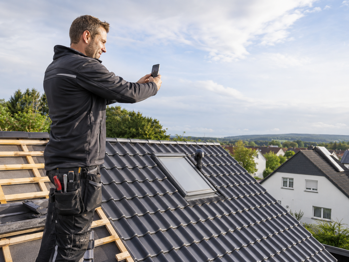 Dachdecker fotografiert eine abgeschlossene Dacharbeit