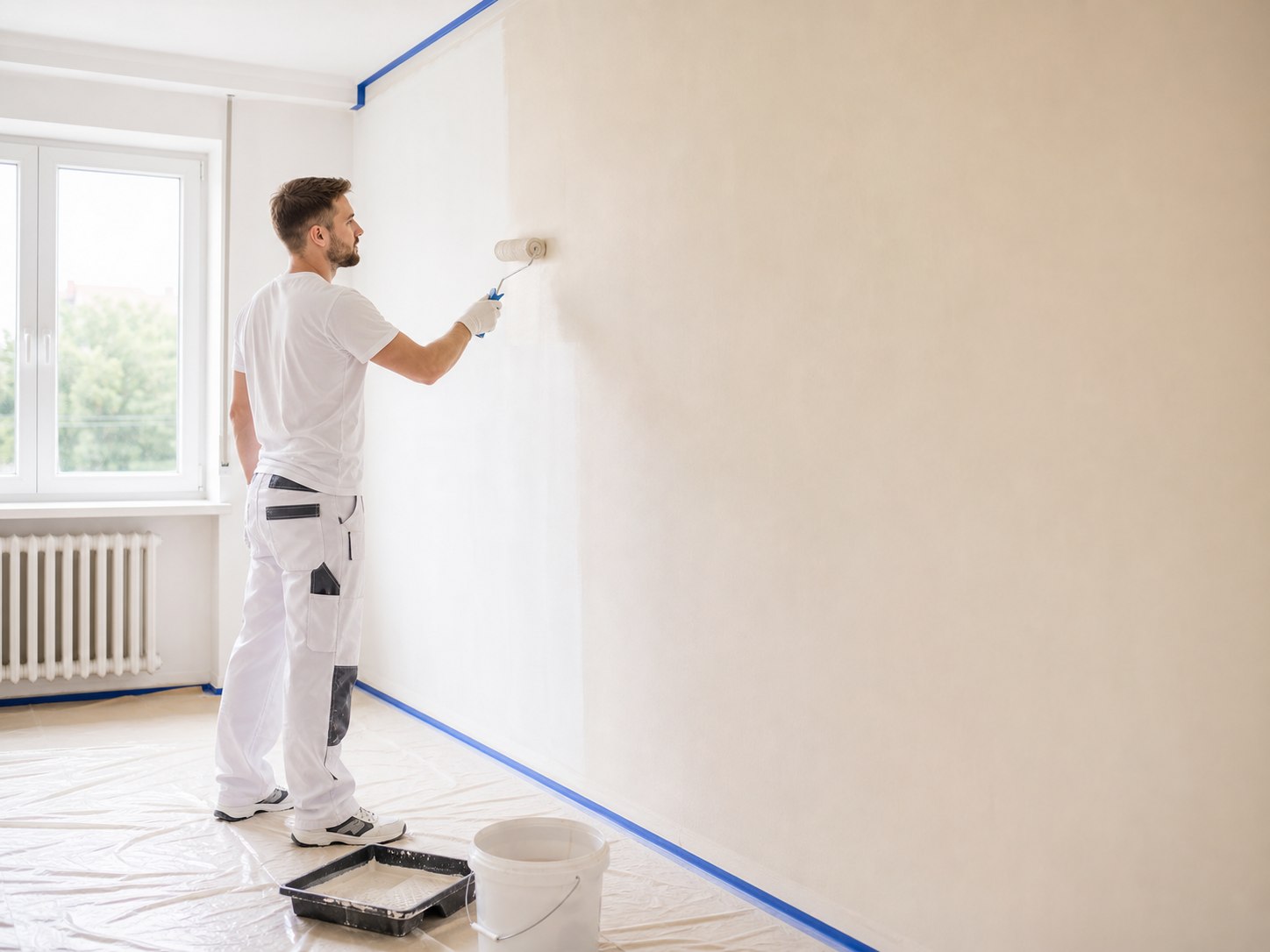 Maler streicht eine helle Wand in einem renovierten Raum